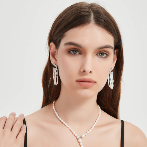 Curved Cubic Zirconia & Multi-Chain Pearl Earrings - House Of Pearls